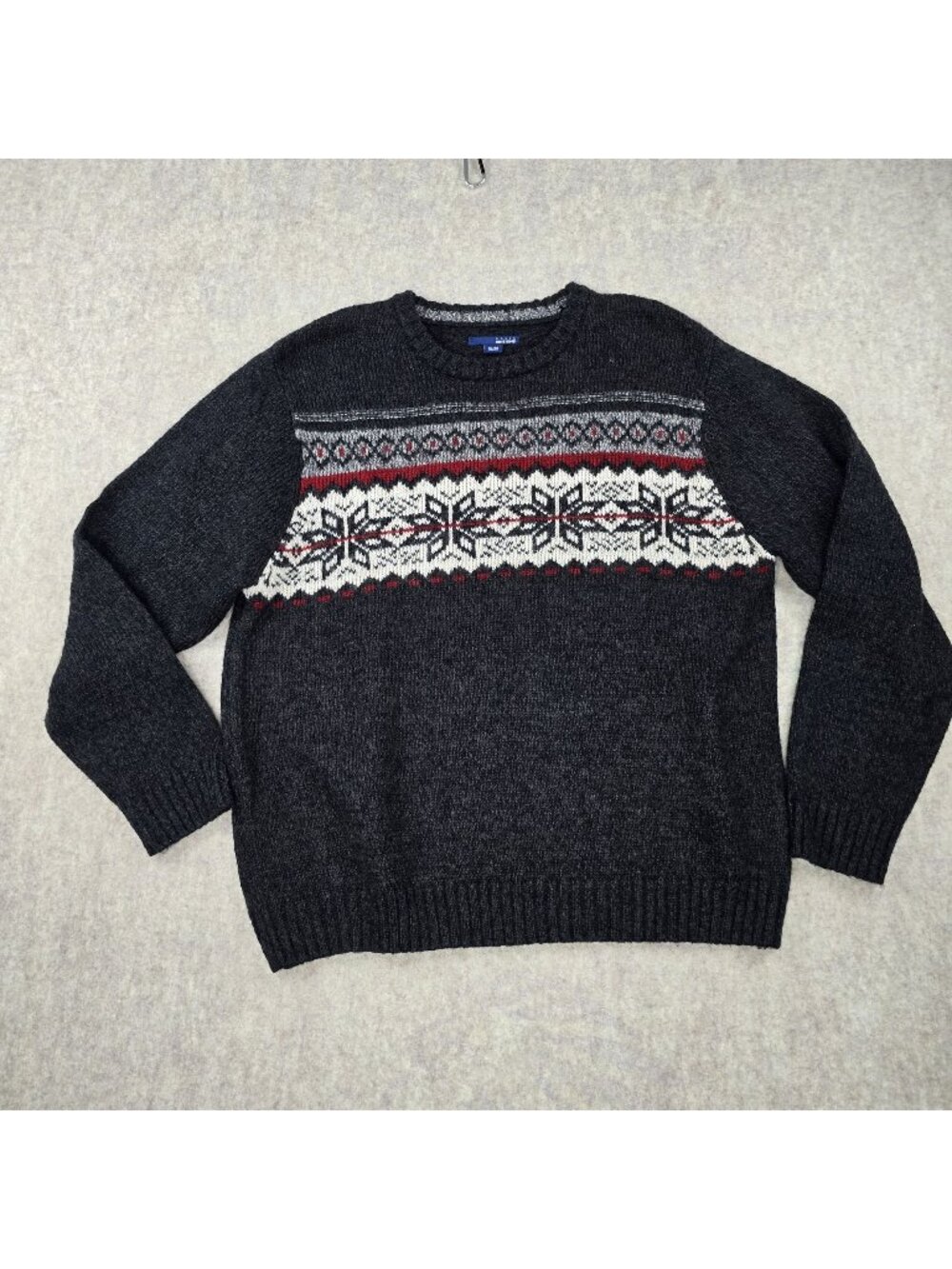 Basic Editions Men's Knit Sweater Charcoal Gray XL Nordic Pattern Crew Neck